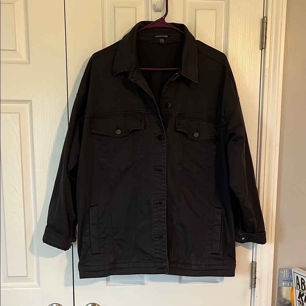 Eileen Fisher Black Jean Jacket Classic Design L Dark Denim Staple Spring Summer